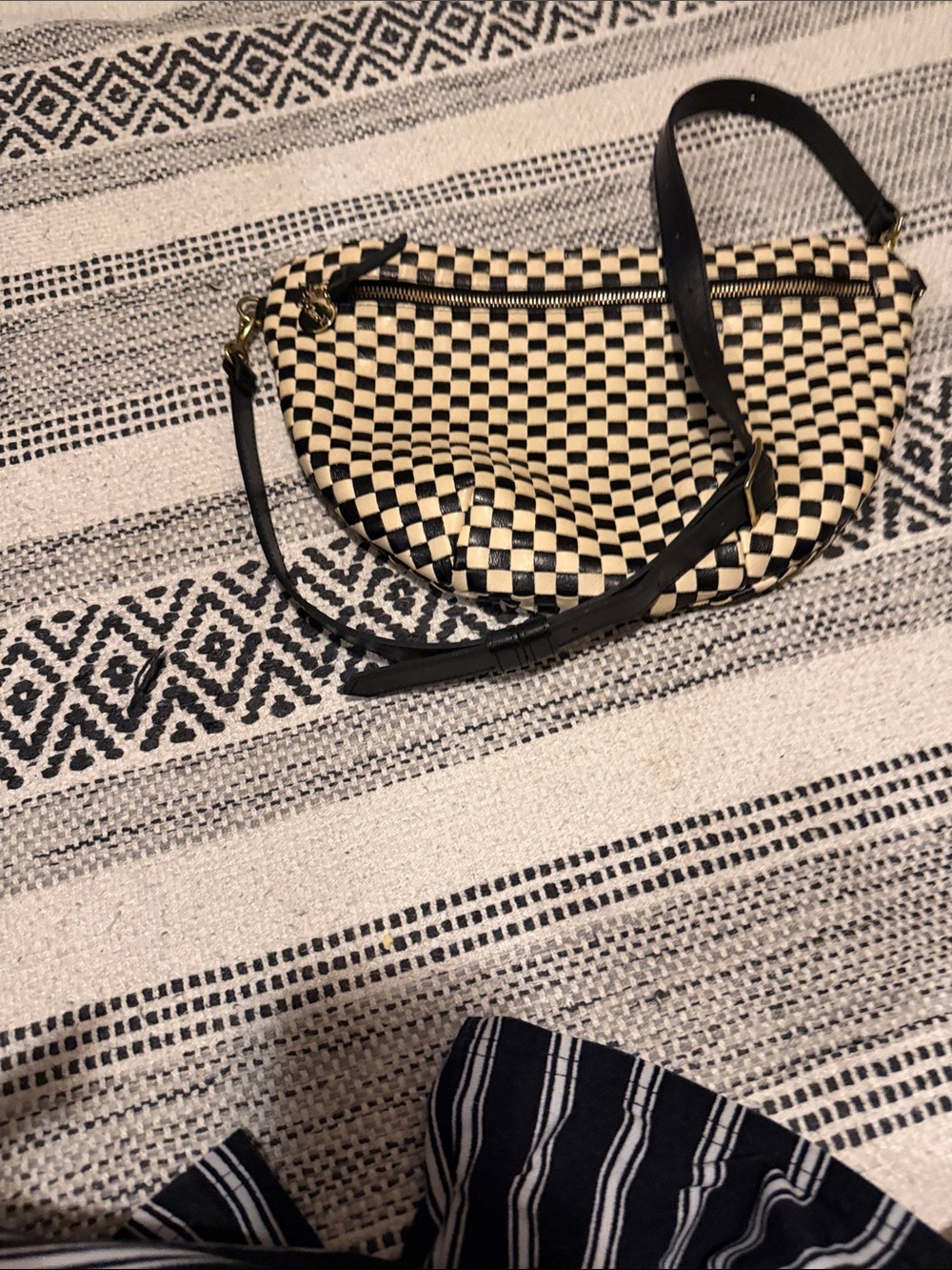 Checkerboard Black and Cream Shoulder Bag with Adjustable Strap - Picture 3 of 11